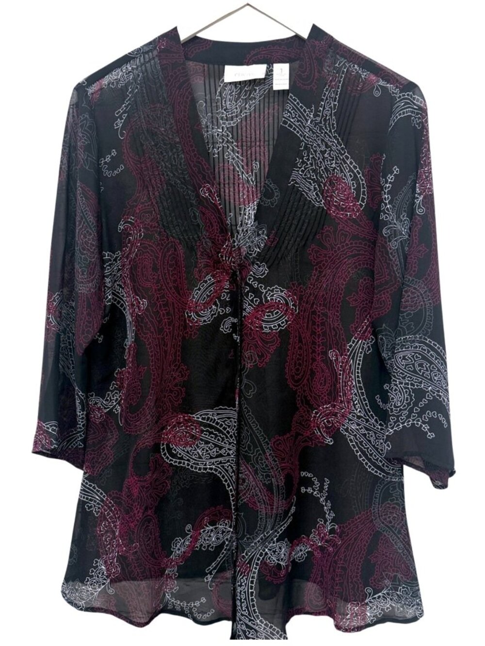 CHICOS Black Sheer Top Medium Chiffon Paisley Open Front Jacket Blouse